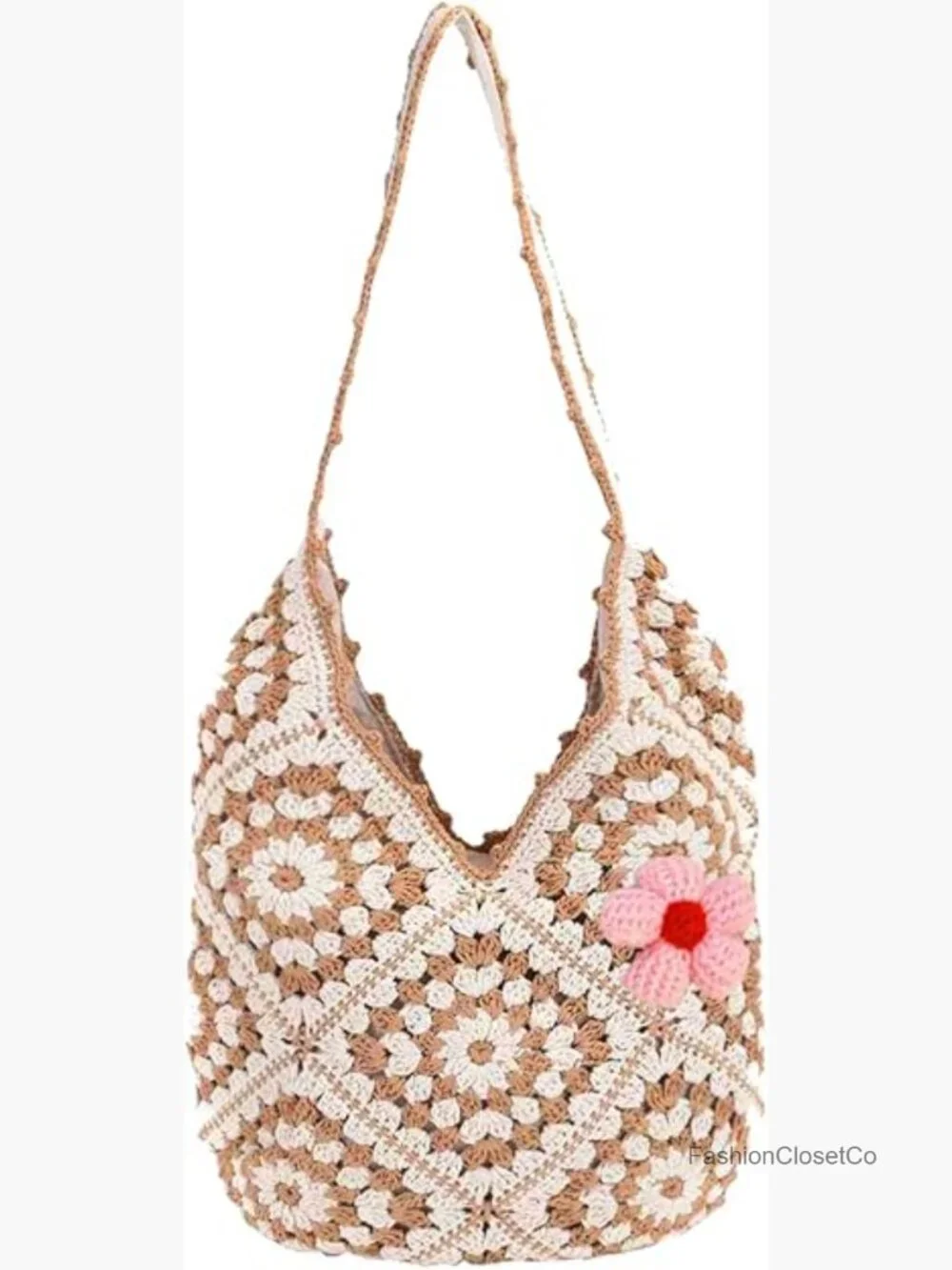 Hand-Crocheted Boho Hobo Tote Bag with Floral Decor, Large Capacity